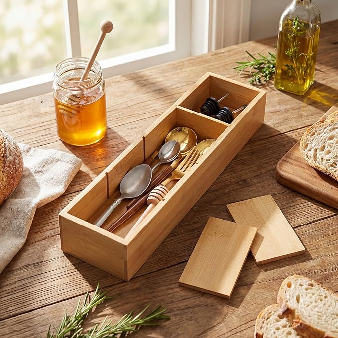 2 Pcs Bamboo Drawer Organizer with 3 Removable Dividers 17.5 x 4 x 2.5 Inch