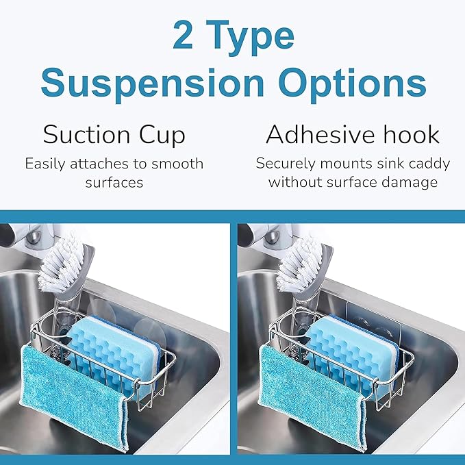 KESOL RustProof Sponge Holder Caddy for Kitchen, Stainless Steel Organizer, Brush Holder, 304 Accessories, Suction Cup + Adhesive