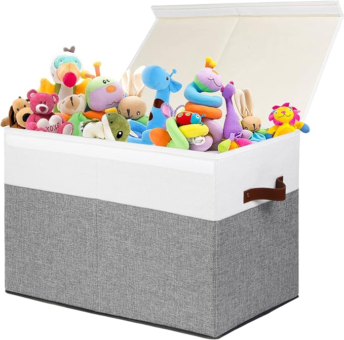 Gowee Large Toy Storage Box with Lid, Sturdy Toys Storage Chest Bin Organizer Basket with Dividers for Kids, Boys, Girls, Nursery, Closet, Bedroom, Playroom 25"x13" x16" (Grey and White)