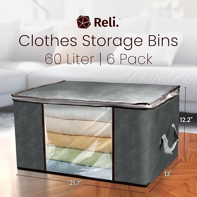 Reli. 60L Clothes Storage Bags (6 Pack) Foldable Closet Organizers & Closet Storage Containers | Foldable Bins with Lids, Handles | Large Clothing Bags for Towels, Toys, Blankets | Grey