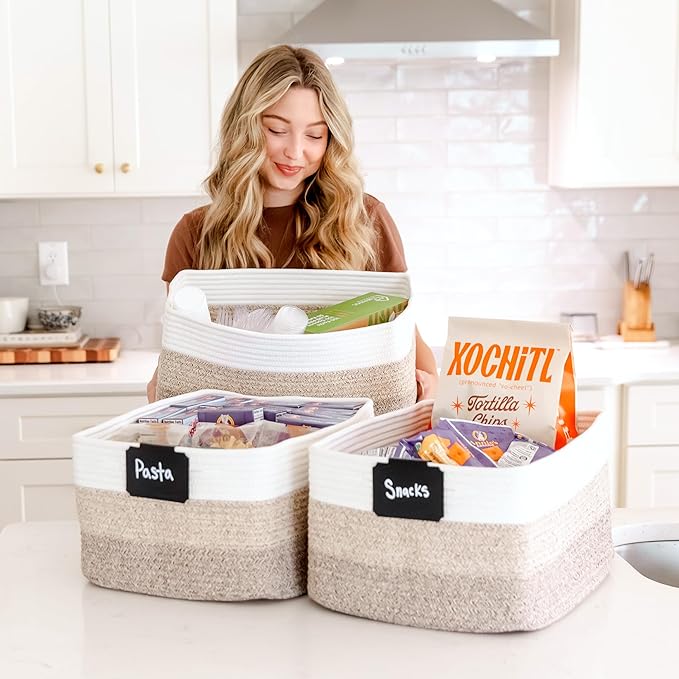 NaturalCozy Storage Baskets 16.8”x13”x7.6” Cotton Rope Woven Baskets for Organizing 3-Pack | Toy Storage Bins | Basket for Shelves, Laundry, Blanket
