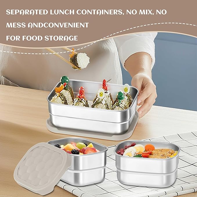 HaWare Stainless Steel Lunch Box Containers for Kids, Leak Proof Food Storage Containers with Khaki Silicone Lids
