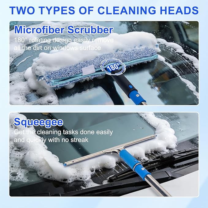 Window Cleaning Kit with 6ft Long Handle, 3 Gallon Bucket,14" Squeegee,15" Microfiber Scrubber,Spray Bottle, Cloth