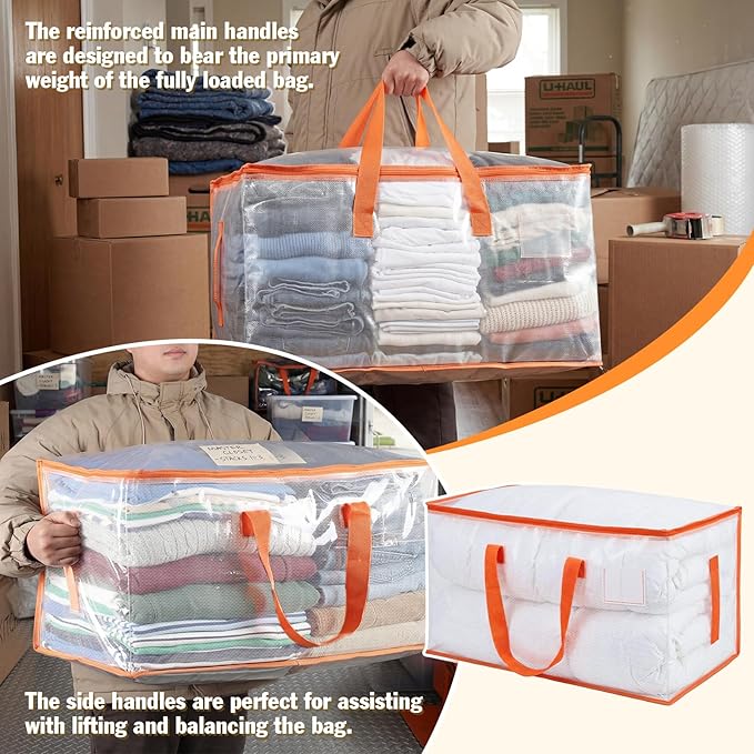 KYODOLED Clear Moving Bags with Orange Handles, 10-Pack Heavy Duty Storage Totes for Clothes & Bedding, Extra Large 27"x14"x15" (24 Gal), Foldable Transparent Organizer with Label Pocket, PP Material