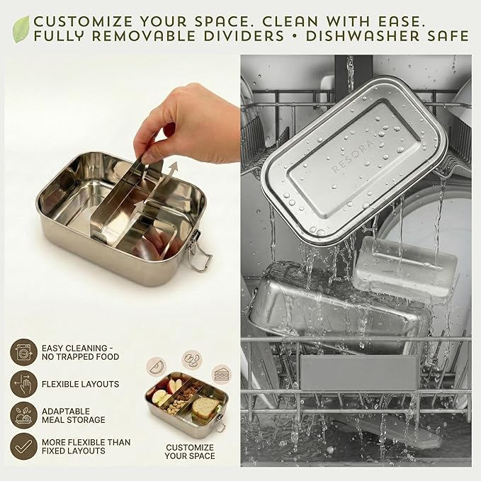 RESORA 40oz 18/8 Food-Grade Stainless Steel Bento Lunch Box for Adults, Leak-Proof, Reusable Stainless Steel Lunch Container with Secure Sealing Lid, 2 Removable Dividers, Work & Travel Meal Prep