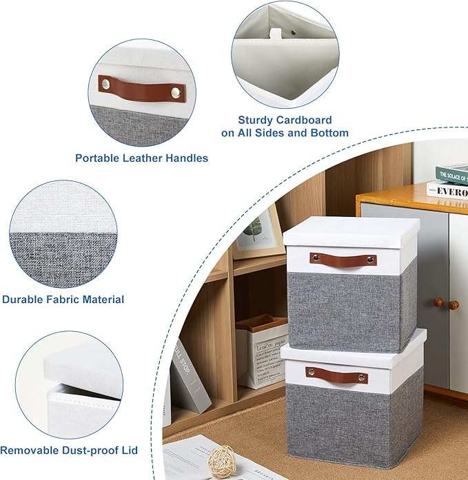 Foldable Fabric Storage Bins with Lids, White&Grey, 10.5x10.5x10.5in