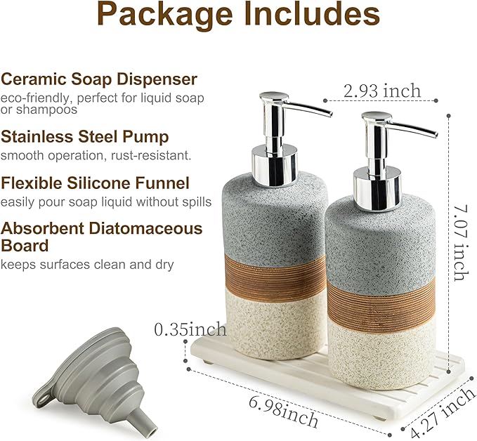 Ceramic Soap Dispenser Set(2 Pack) – Hand Soap, Dish Soap, Shampoo & Shower Soap Dispenser for Bathroom & Kitchen, Stainless Steel Pump, Includes Silicone Funnel & Diatomaceous Tray, Gray