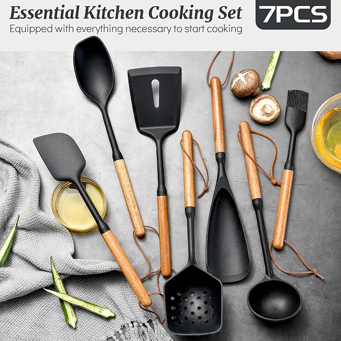 Silicone Cooking Utensils Set, 7PCS Silicone Kitchen Utensils with Wooden Handles, Heat Resistant Spatula Spoon Turner with Hanging Rope,Gadgets Utensil Set for Non-Stick Cookware BPA Free (Black)
