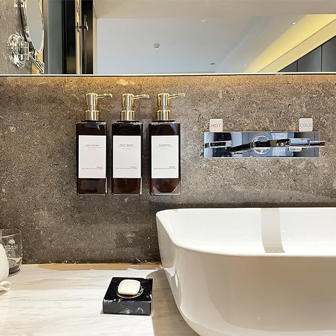 Shampoo Dispenser for Shower Wall, Shampoo and Conditioner Dispenser with 16 Waterproof Labels, No Drill Shower Soap Dispenser Bathroom, Shower Soap Dispenser Wall Mounted 3 Chamber, 17oz, Gold Amber