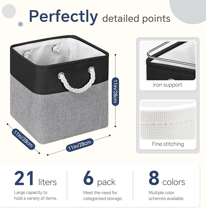 FinishingBo Fabric Cubes Storage Basket, 6 Pack 11x11 in with Handles Cube Storage Bins, for Shelves, Home, Office Organizers (Black/ Gray)