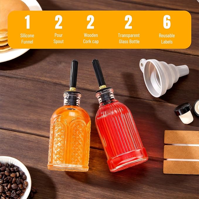 Baalaka 2-Pack Coffee Syrup Dispenser, 7 OZ/200ML Honey Dispenser, Small Syrup Bottles with Funnel & Extra Nozzles, Glass Syrup Dispenser for Coffee Shop, Home Kitchen