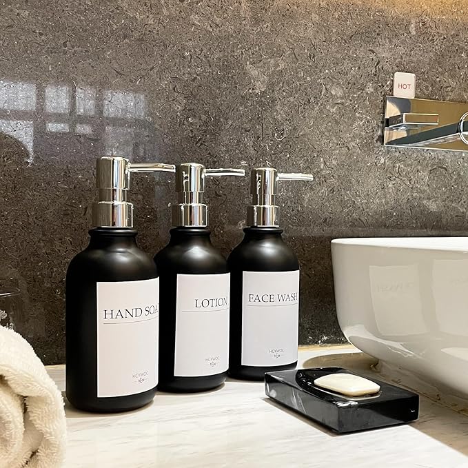 Shampoo Dispenser for Shower Wall, Shampoo and Conditioner Dispenser with 16 Waterproof Labels, No Drill Shower Soap Dispenser Bathroom, Shower Soap Dispenser Wall Mounted,17oz, 3 Pack, Silver Black