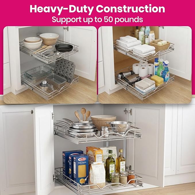 2-Tier Pull-Out Cabinet Organizer with Heavy-Duty Steel Frame, Full-Extension Sliding Shelves, Holds 100 lbs, Easy Install for Kitchen