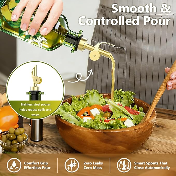 Olive Oil Dispenser Bottle for Kitchen, 12oz/350ml Extra Thick Glass Oil and Vinegar Cruet with Stainless Steel Pourer, Funnel & Cleaning Brush, Premium Oil Dispenser Set (Lemon)