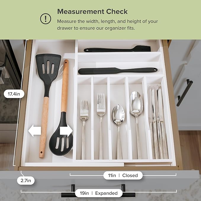 KitchenEdge Premium Silverware, Flatware and Utensil Organizer for Kitchen Drawers, Food-Safe Contract Grade, Expandable from 10.5 to 19 In, White Bamboo