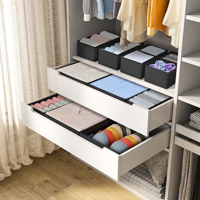DIMJ Clothes Drawer Organizer, 12 Packs, Foldable Underwear Organizer for Baby Clothes, Tie, Bra, Sock (Black)