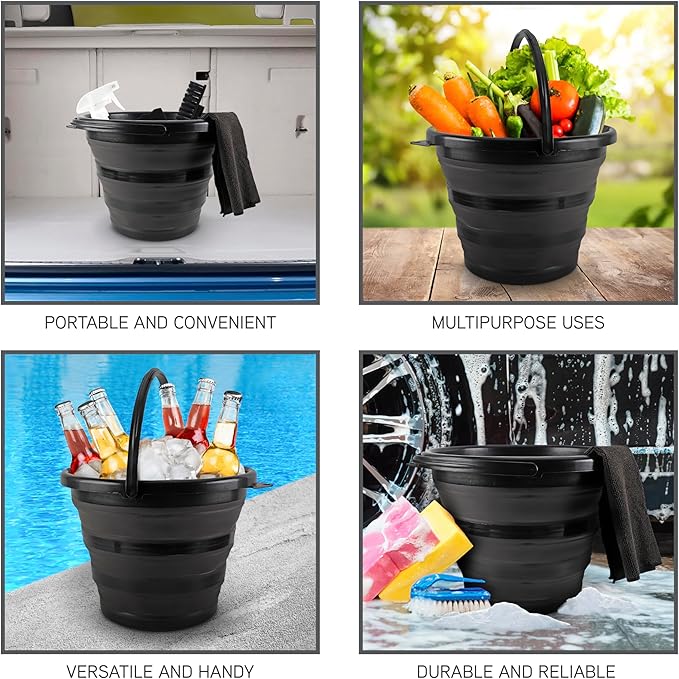 SIMPLEMADE Collapsible Bucket Cleaning Set - Includes 2 Foldable Buckets, Spray Bottle, Rag, Scrubbing Brush and Sponge - Holds Up to 10 liters, Easy Storage, All-Purpose Cleaning Solution