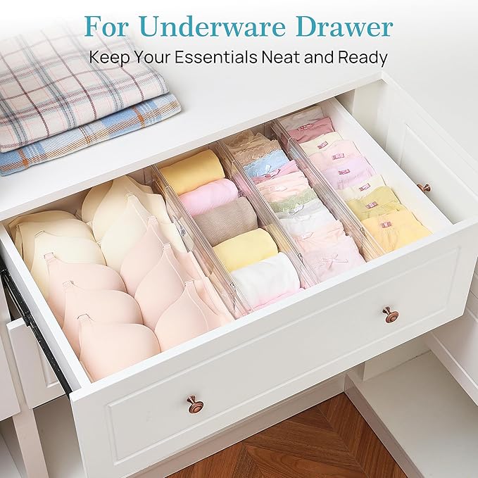 Vtopmart 4 Pack 4" Regular Upgrade Drawer Dividers for Clothes, 12.8"-22.3" Expandable Dresser Drawer Organizer, Clear Plastic Separators for Dresser, Baby Clothing, Underwear, Cosmetic, Toiletries