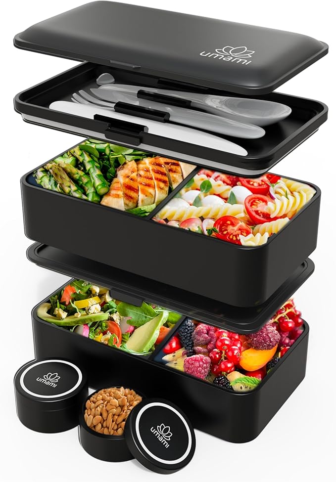 Umami Bento Box Adult All-In-1 w/4 Utensils, 2 Sauce Jar, 2 Dividers, 100% Leakproof, Microwave & Dishwasher Safe