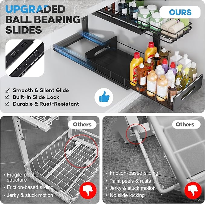 Under Sink Organizer Upgrade To Professional Rails,2-Tier Dual Pull Out Cabinet Storage,Height Adjustable Slide Out Drawers For Bathroom Kitchen