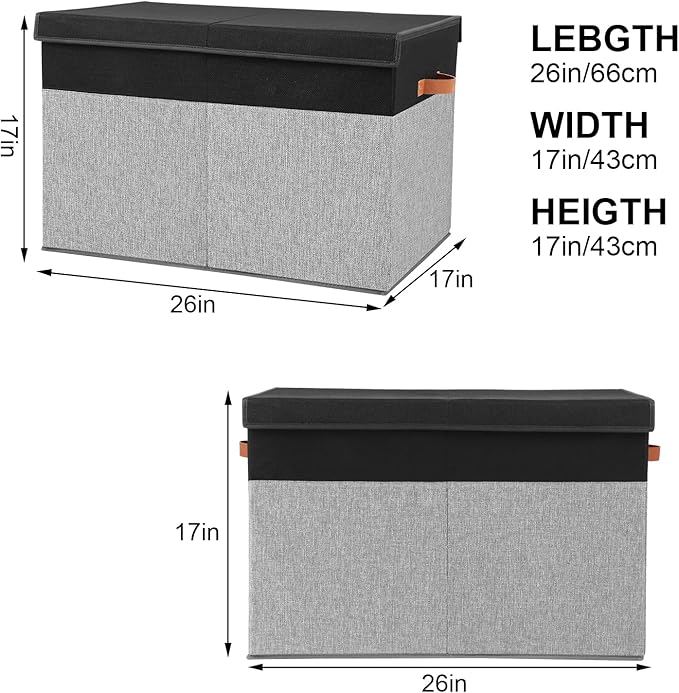 Gowee Large Toy Storage Box with Lid, Sturdy Toys Storage Chest Bin Organizer Basket with Dividers for Kids, Boys, Girls, Nursery, Closet, Bedroom, Playroom 26"x17" x17" (Black and Grey)