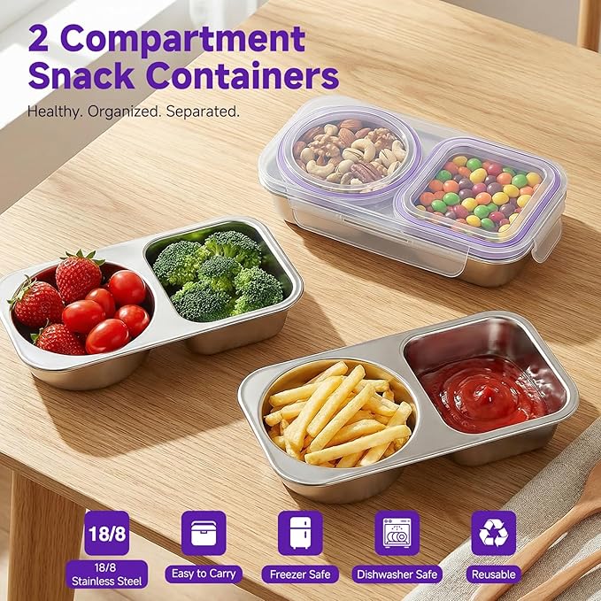 Stainless Steel Snack Containers with Lid, Reusable 2 Compartment Snack Box Leak-Proof Food Storage Container, 13 Oz BPA-Free Metal Bento Lunch Box for Home, Travel, Picnic (1 Pack, Purple)