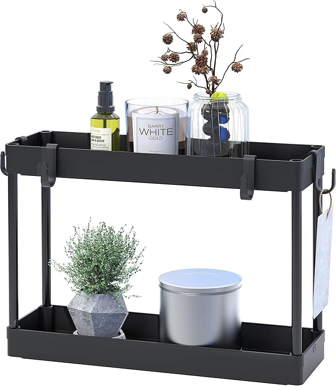 Simple Houseware 2-Tier Under Sink Organizer Storage Tray with Hooks, Black