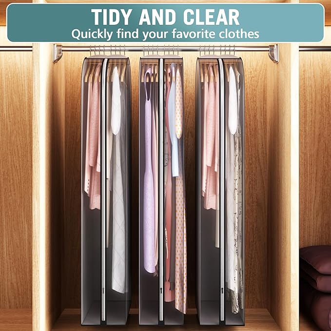 Liuoud 10" Gusseted Garment Bags for Hanging Clothes 60" Suit Bags for Open Closet Storage, Side Clear Clothing Cover for Coat, Dress, Jacket, Shirt, Fur Wardrobe Protector, 3 Packs, Grey