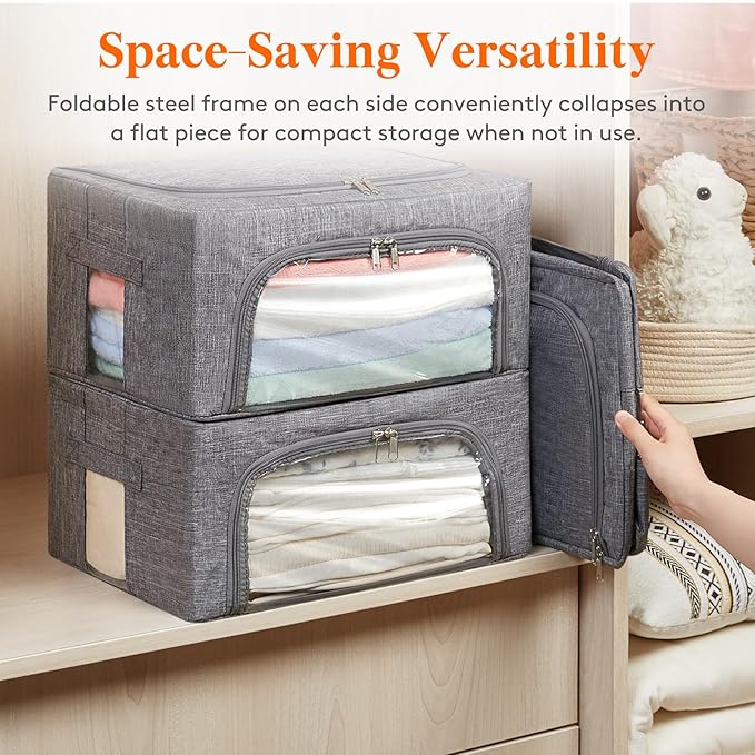 Lifewit Clothes Storage Bins with Metal Frame, Stackable Storage Box, Foldable Clothing Storage Bins with Lids, 40L Storage Bags Fabric Box Organizer with Clear Window＆ Zippers＆ Sturdy Handles 8 Pack