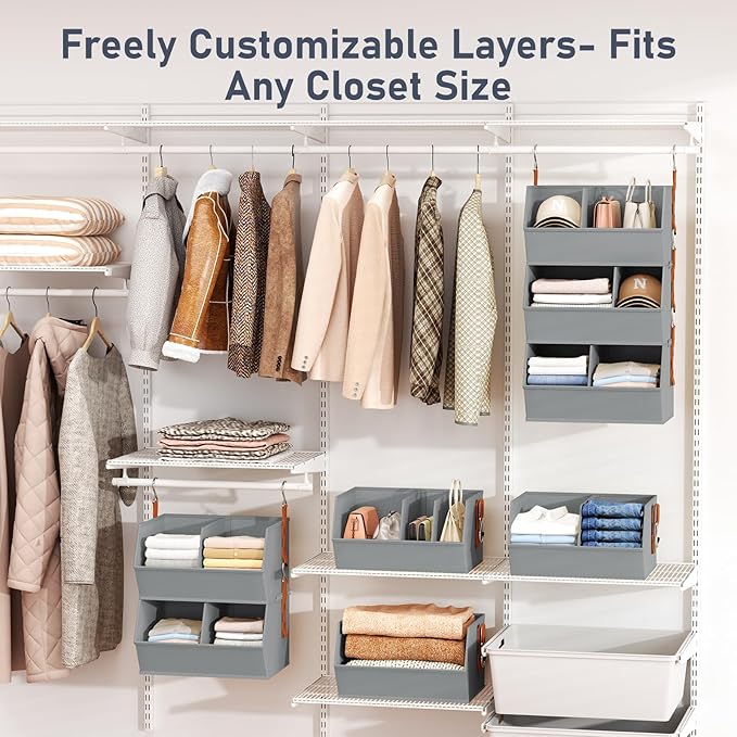Hanging Closet Organizer Extra Large, Clothes Hanging Shelves for Closet with Divider, Collapsible Closet Storage System, Fabric Storage Bins for Home