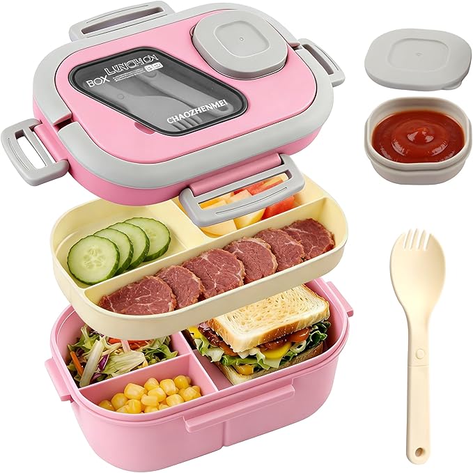 Adults Bento Lunch Box,Salad Container Large 43oz Salad Bowl, Bento-Style Tray for Toppings, 3oz Sauce Container for Dressings