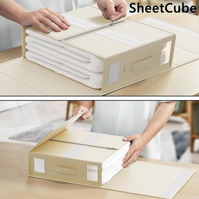 SheetCube Bed Sheet Organizers and Storage 6 Pack, Foldable Linen Closet Organizer with Window and Label
