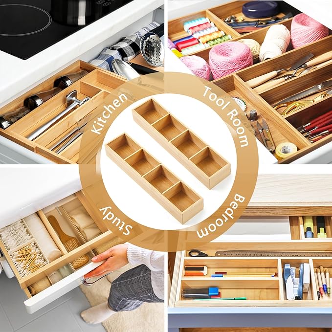 2 Pcs Bamboo Drawer Organizer with 3 Removable Dividers 17.5 x 4 x 2.5 Inch