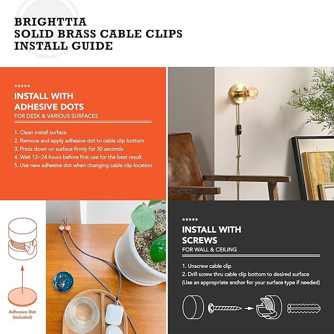 BRIGHTTIA Cable Clips - Premium Brass Cord Management for Home, Office & Car - Multipurpose Wire Holder Organizer - Sleek & Durable Design - Ideal Gift for Men, Women & Students - 4-Pack (Gunmetal)