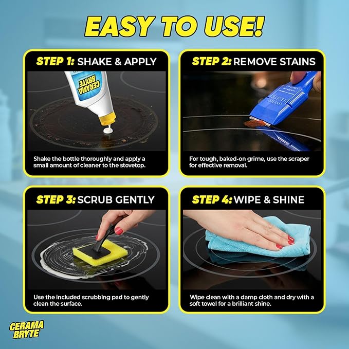 Cerama Bryte Glass Cooktop and Stove Top Cleaner Combo Kit - Includes Cleaning Tool, Razor, Scraper and 3 Pads to Remove Tough Stains - Use on Gas