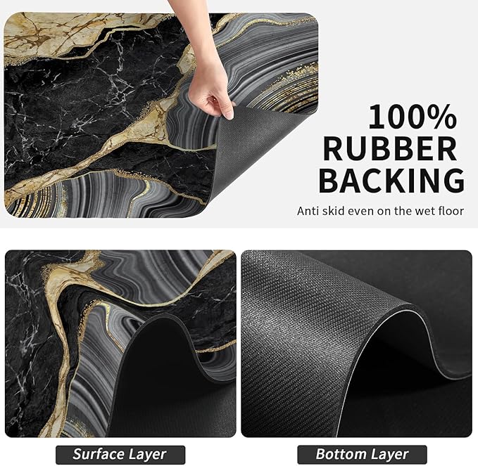 Dish Drying Mat for Kitchen Counter, Black Marble Gold Agate Design, Washable Absorbent Quick Dry Pad with Rubber Backing, Draining Mat for Dishes Coffee Table, 12" x 20"