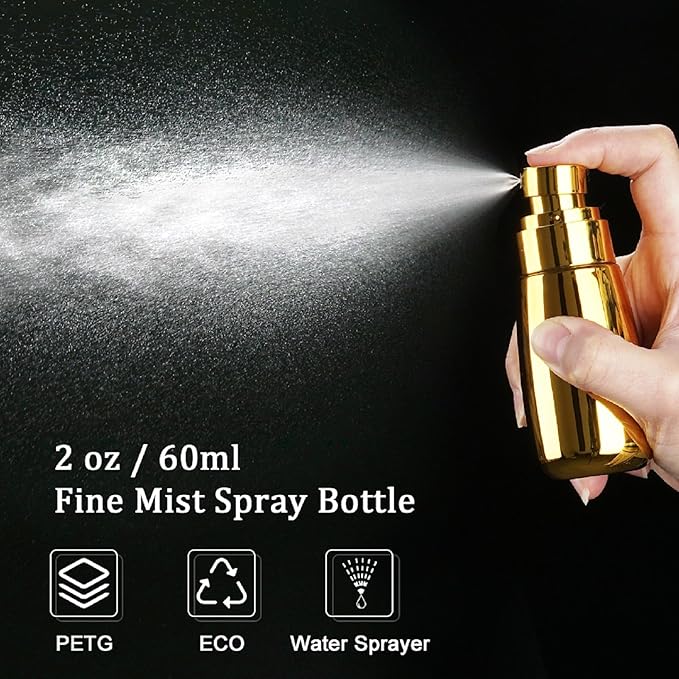 Cosywell Travel Spray Bottle TSA Approved 3 Pack 2oz 60ml Leak Proof Fine Mist Spray Bottle Empty Plastic Refillable Containers for Hair Perfume Toners Rose Water Cosmetics(Brown+Clear+Glod)