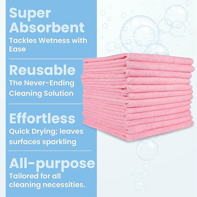 A&A Wiping Cloth- Microfiber Cleaning Towel, Super Absorbent Pink Microfiber Towels, Perfect for House, Cars, Windows, Gym and Office, Pink Microfiber 16x16 Towels, Pack of 12 Pieces