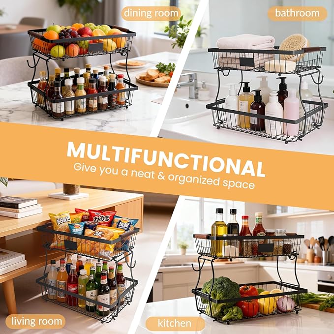 2-Tier Stackable Wire Basket with 2 Banana Hooks, Pantry Organizer for Kitchen Countertops, Cabinets & Under-Sink Spaces; Ideal for Storing Snacks, Fruits, Veggies, Onions, Potatoes, & More,Black