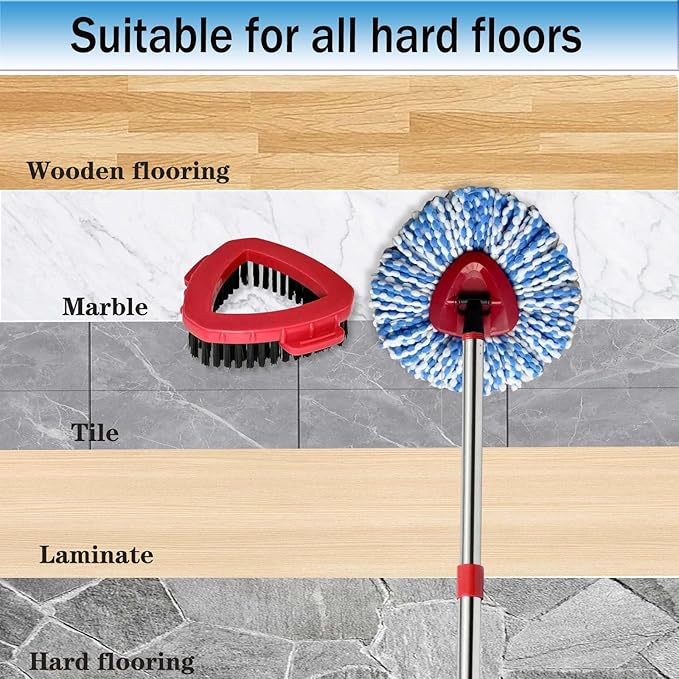 Spin Mop Replace Heads for O Cedar Rinse Clean 2 Tank System, Spin Mop Replacement Head 4 Microfiber Mop Refills, 1 Triangle Head Cover and 30-58in Handle 1 1Scrub Brush