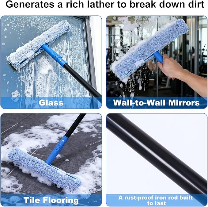 3-in-1 Professional Window Squeegee Kit with 2 Squeegee, 2 Microfiber Scrubber, 1 Razor Scraper, Thick Iron, 48.8" Window Squeegee with Extension Pole for Car, Glass, Mirror, Wall, Bathroom, Home, Van