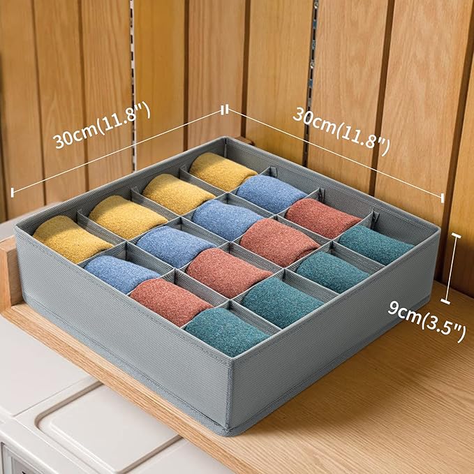 Joyoldelf Sock Drawer Organizer Divider Underwear Organizer 16-cell Fabric Dresser Drawer Organizers Storage Boxes for Socks Lingerie, Handkerchiefs, Ties (Grey)