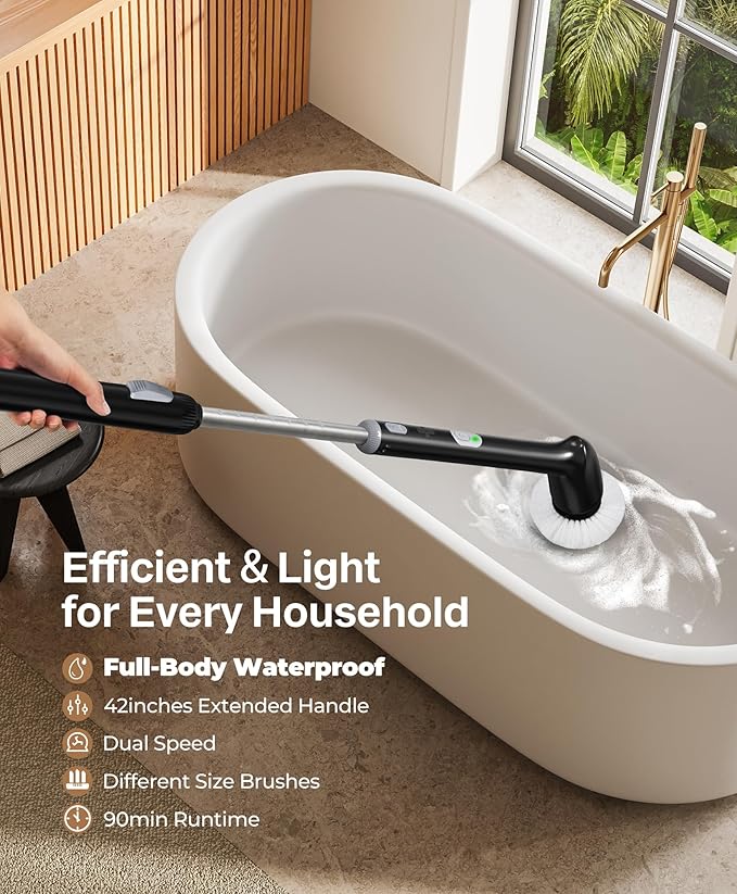 LyriFine Electric Spin Scrubber, New Full-Body IPX7 Waterproof Bathroom Cleaner Brush, Shower Scrubber with Long Handle & 2 Speed, Heads Replacement, Cleaning Supplies for Tub Shower Tile Floor