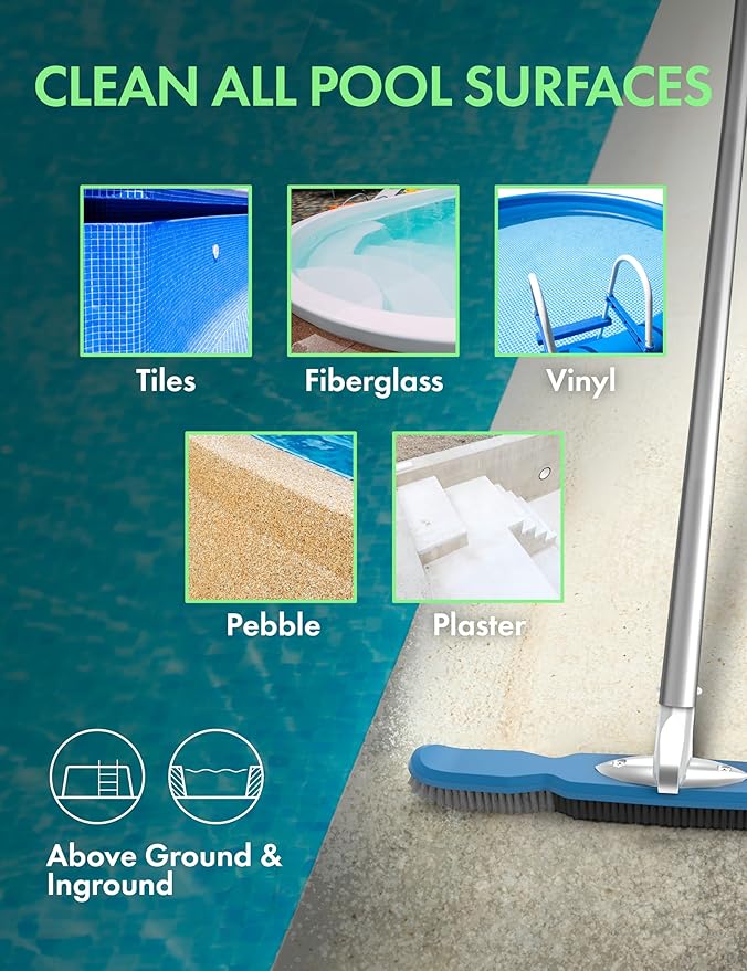 KEMANO Heavy Duty Pool Brush Head, Premium Nylon Bristles Non-Abrasive Cleaning, Reinforced Aluminum Frame, Ideal for Pool Walls, Steps, Corners, Above Ground & Inground Swimming Pool Cleaning Tools