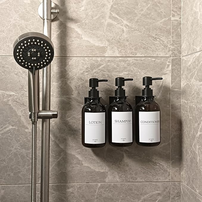 Shampoo Dispenser for Shower Wall, Shampoo and Conditioner Dispenser with 16 Waterproof Labels, No Drill Shower Soap Dispenser Bathroom, Shower Soap Dispenser Wall Mounted,17oz, 3 Pack, Amber