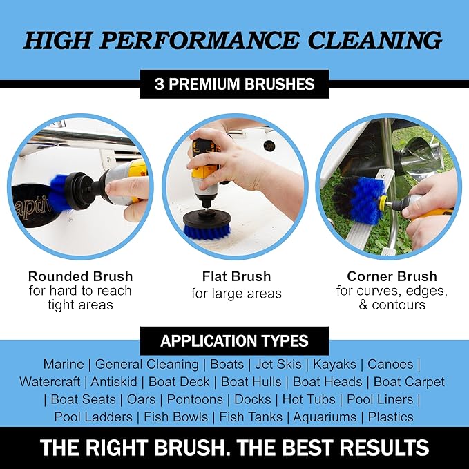 Drillbrush Boat Accessories – Kayak Cleaning Kit – Boat Cleaning Brush Kit – Marine Scrub Brush Attachment for Drill – Rotary Brushes for Boats – Motorized Hull Power Scrubber Set - Hull Cleaner Set