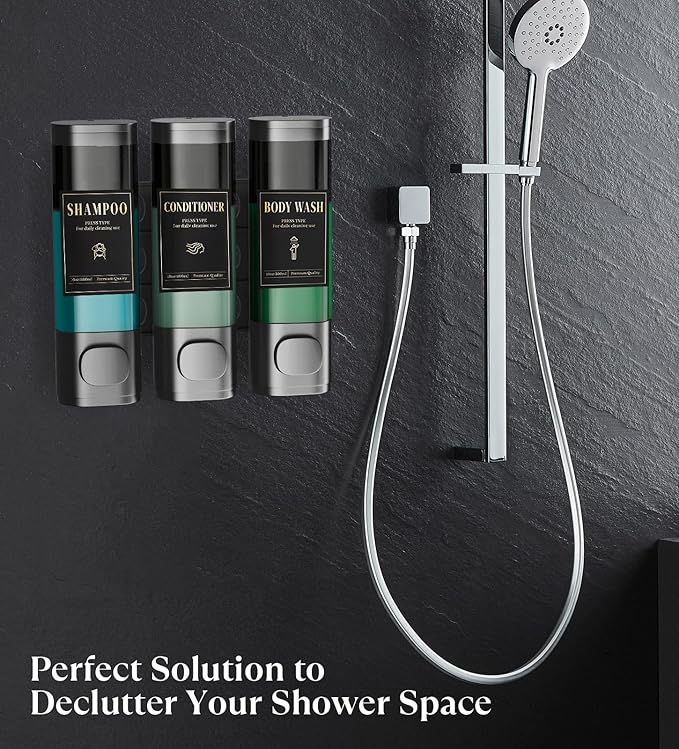 Luxspire Shampoo and Conditioner Dispenser, No Drill Wall Mounted Shower Soap Dispenser 3 Chamber with Waterproof Labels, Easy Refill Soap Dispenser for Bathroom Hotel Kitchen, Gray