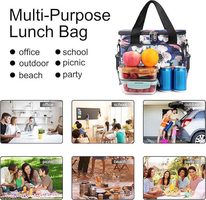 Femuar Lunch Bags for Women/Men, Insulated Lunch Bag for Work Office - Lunch Cooler Bag Leakproof Lunch Box with Adjustable Shoulder Strap - Ink foral
