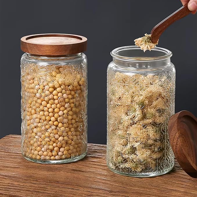 Vintage Glass Jars with Wooden Lids, 2 Pack 34 oz Airtight Glass Food Storage Containers Sets for the Kitchen, Sugar Coffee Candy Spice Cookie Tea Pasta