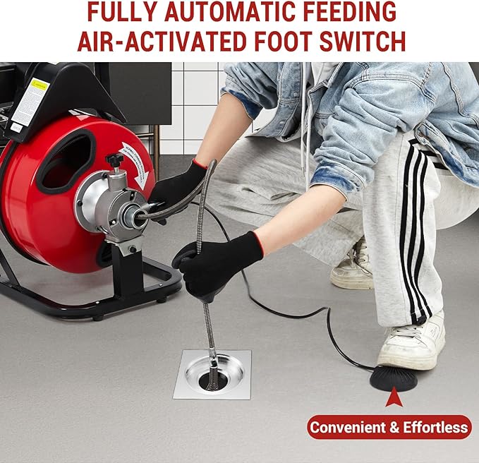 100 FT x 3/8 Inch Portable Drain Snake with 370w Motor, Snake Drain Hair Removal Tool with 9 Cutters and Pneumatic Foot Switch, Drain Snake Hair Drain Clog Remover Fit 1 Inch to 4 Inch Pipes